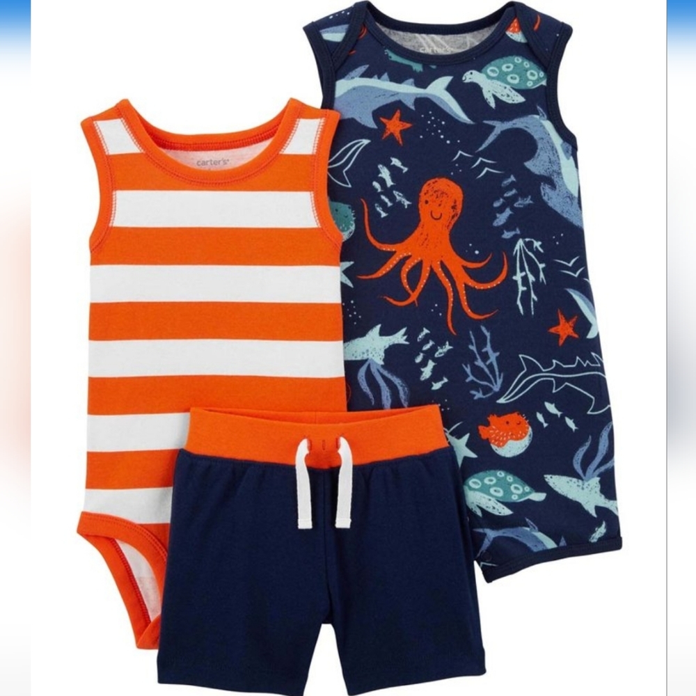 Carter's Boy's 3-Piece Bodysuit Set Blue Ocean Creatures Size NB NWT